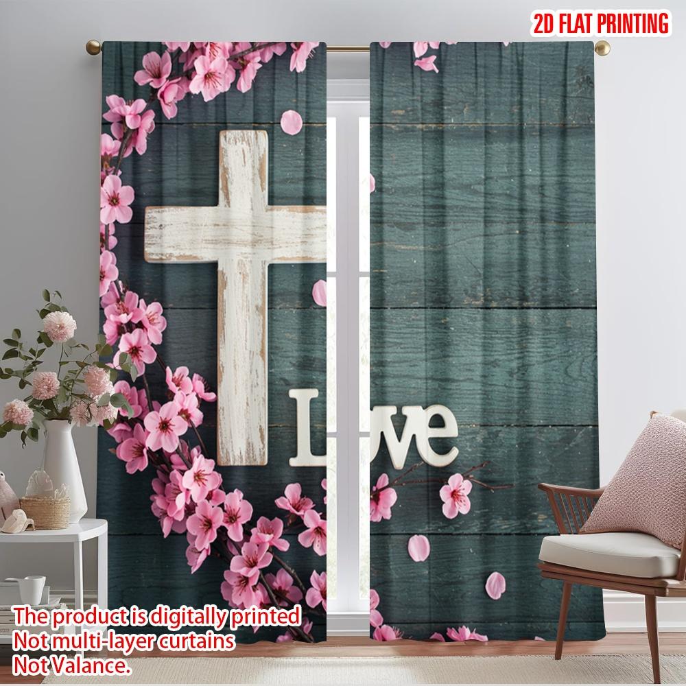 

2pcs 2D flat printing Curtains Rustic Cross Pink Blossom Love 100% Polyester Without Electricity Festive Wall Decor Perfect for 52.50×116.00 CM 2pcs