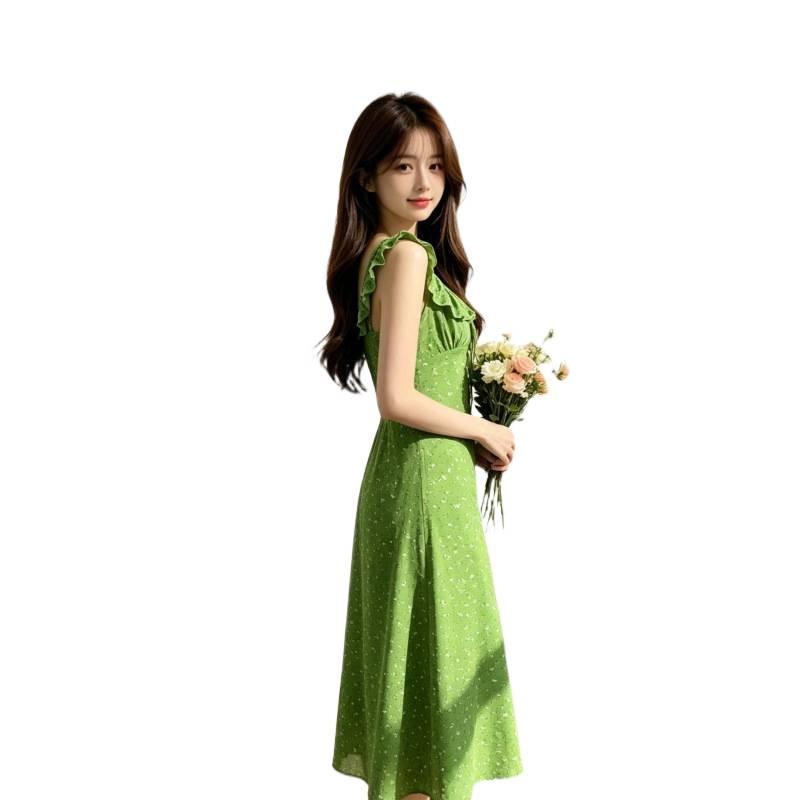 French Floral Ruffle V-neck Green Dress Women's Summer Vacation Wind Beach Waist Thin Suspender Skirt