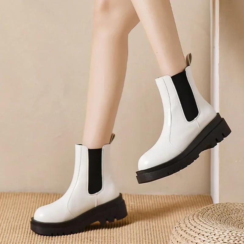 Fashion Ankle Boots for Women New Spring Autumn Thick Bottom Women's White Black Boots Casual Pu Leather Slip on Chelsea Short Botas