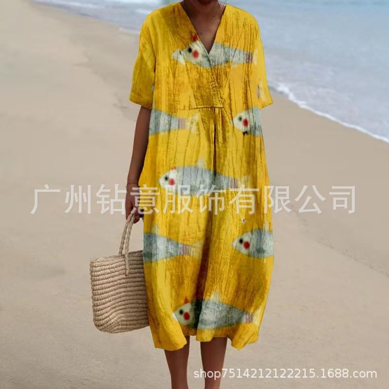New Loose Casual Comfortable V-neck Digital Printing Pleated Large Version Dress