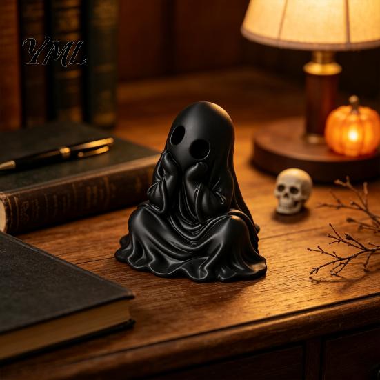 Compact Ghost Statue for Home 3D Printed Halloween Figurine, Cute Chin-Resting Spooky Desk Decor, White Black Figures Funny Ornament Party And