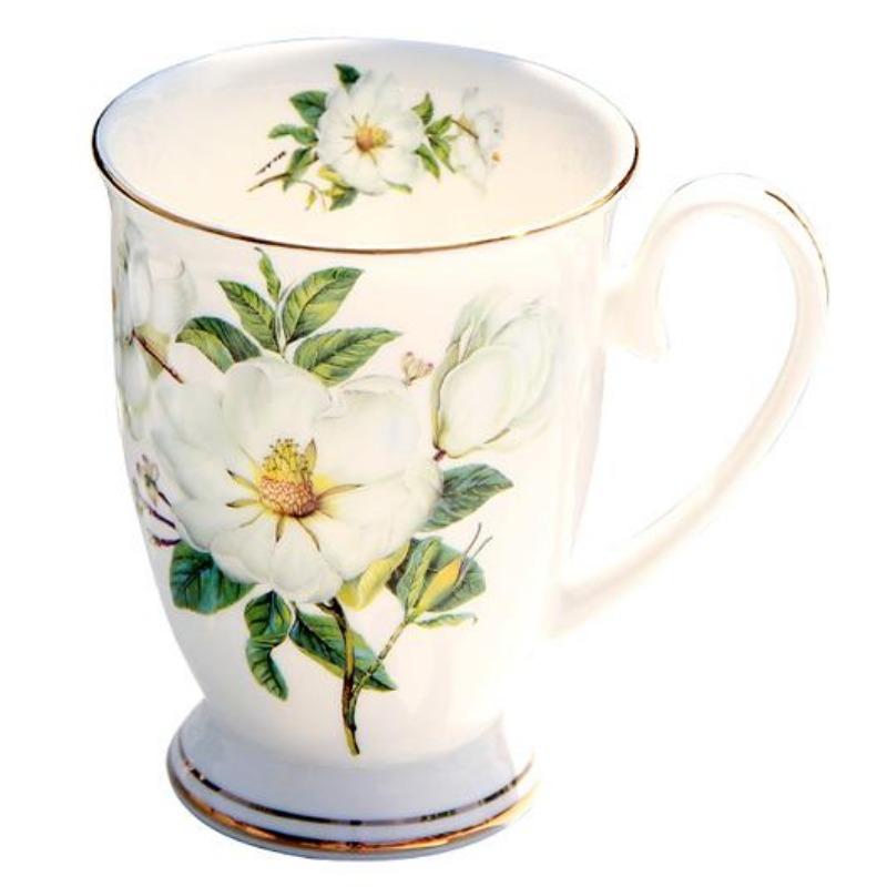 Light Luxury Ceramic Tea Mug 300ml - Fine Porcelain Bone China Coffee Mug with Gold Trim, Camelia Floral Vintage Tea Cups with Handle,1pc
