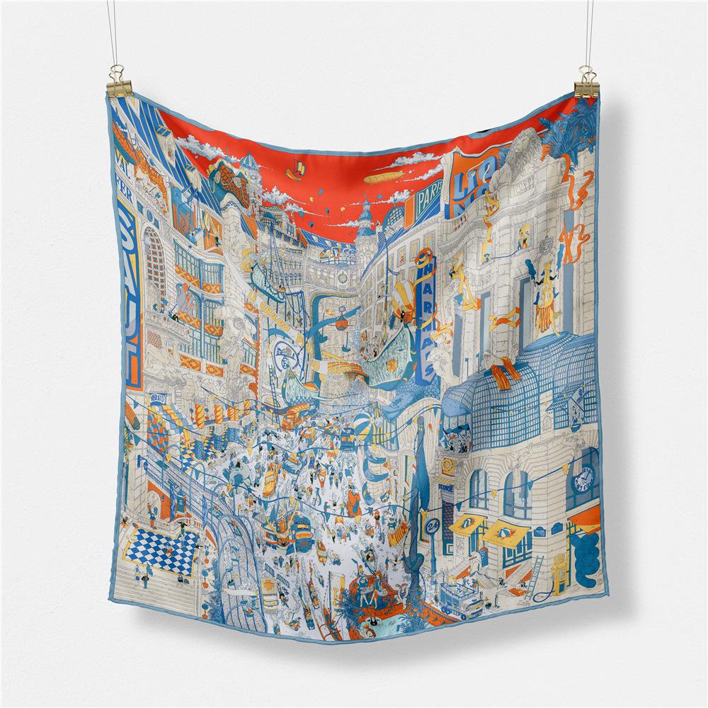 53CM Twill Silk Scarves Women Big City Print Square Scarves Wraps Bandana Small Hijab Foulards Ladies Tie Headband Neckerchief