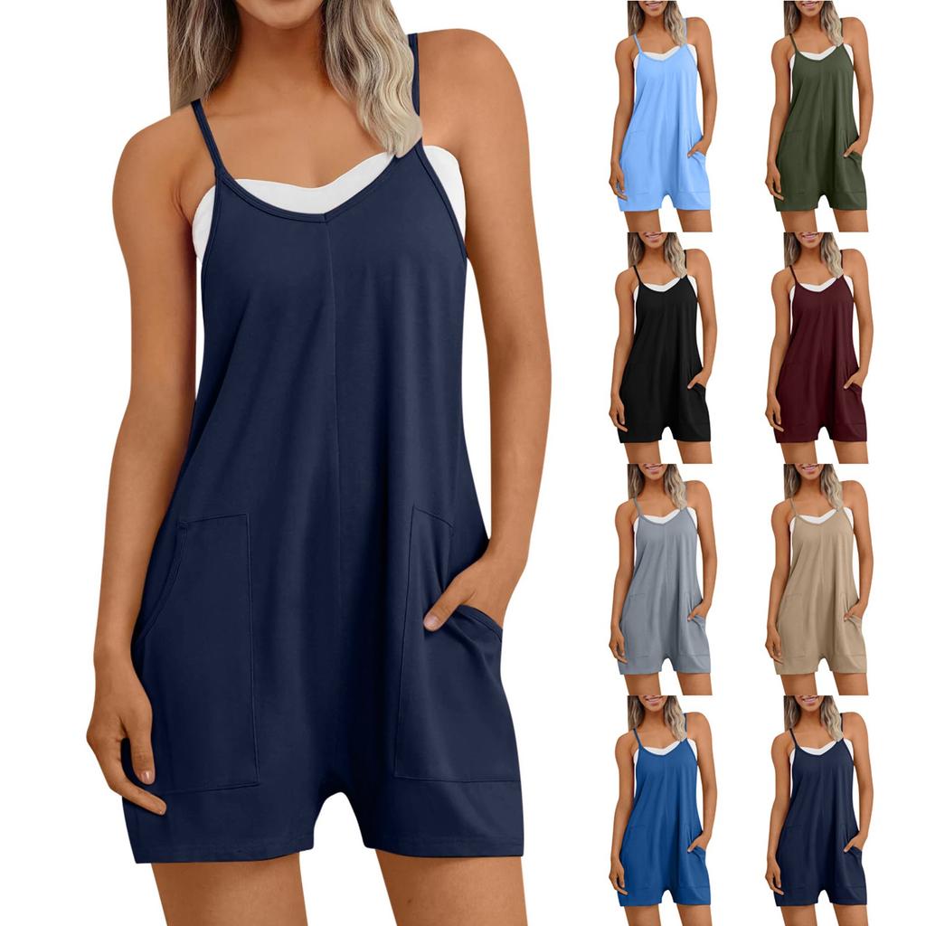 Women's Fashion Casual Jumpsuit Adjustable Suspenders Solid Color Jumpsuit With Pockets