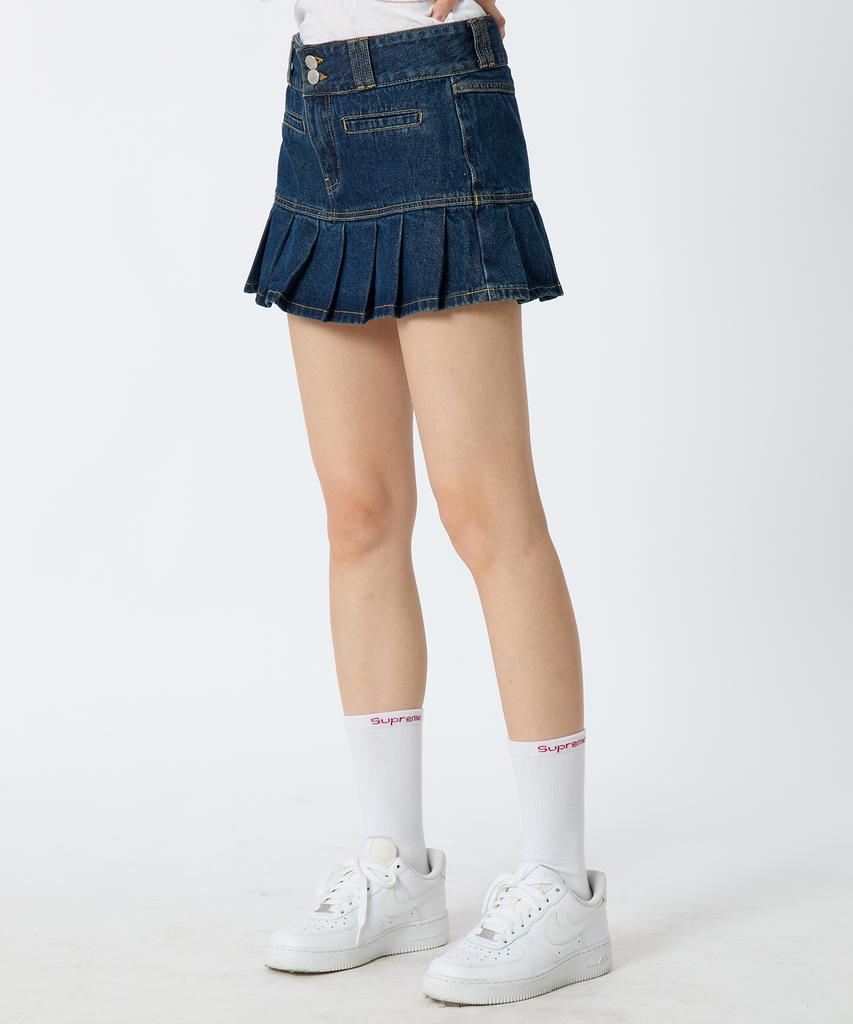 ANDTHEOTHER Pleated Denim Mini Skirt Blue