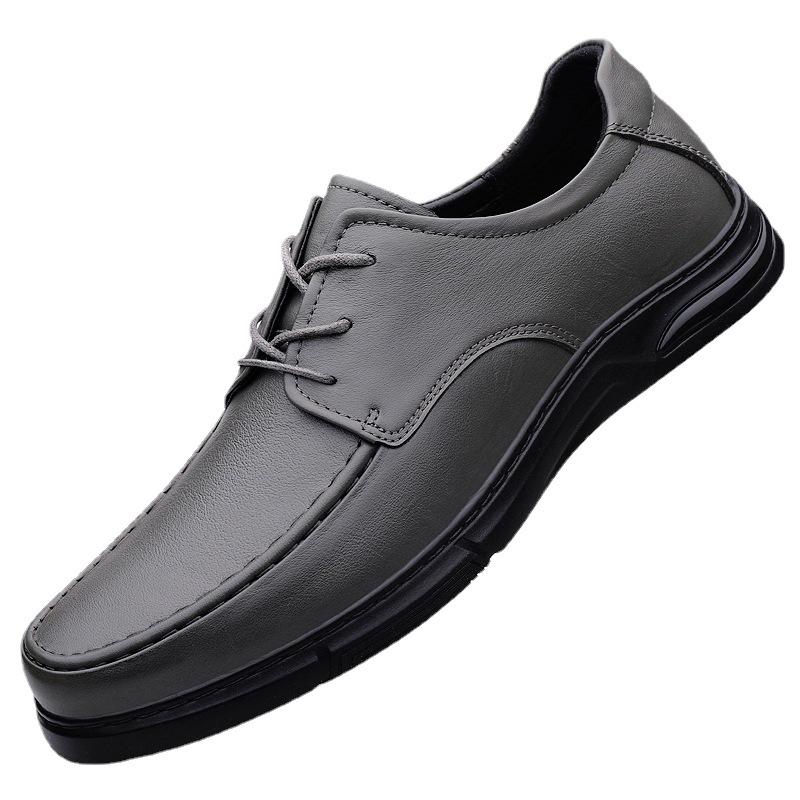 Men's round head first-layer cowhide casual shoes front lace-up flat heel shallow mouth business dress work versatile leather shoes