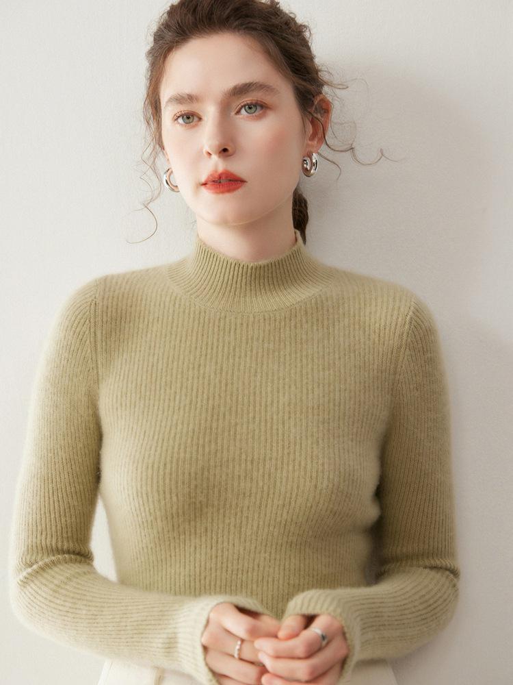 Women's Slim Fit Cashmere Pullover - Half-High Neck Sweater for Autumn and Winter