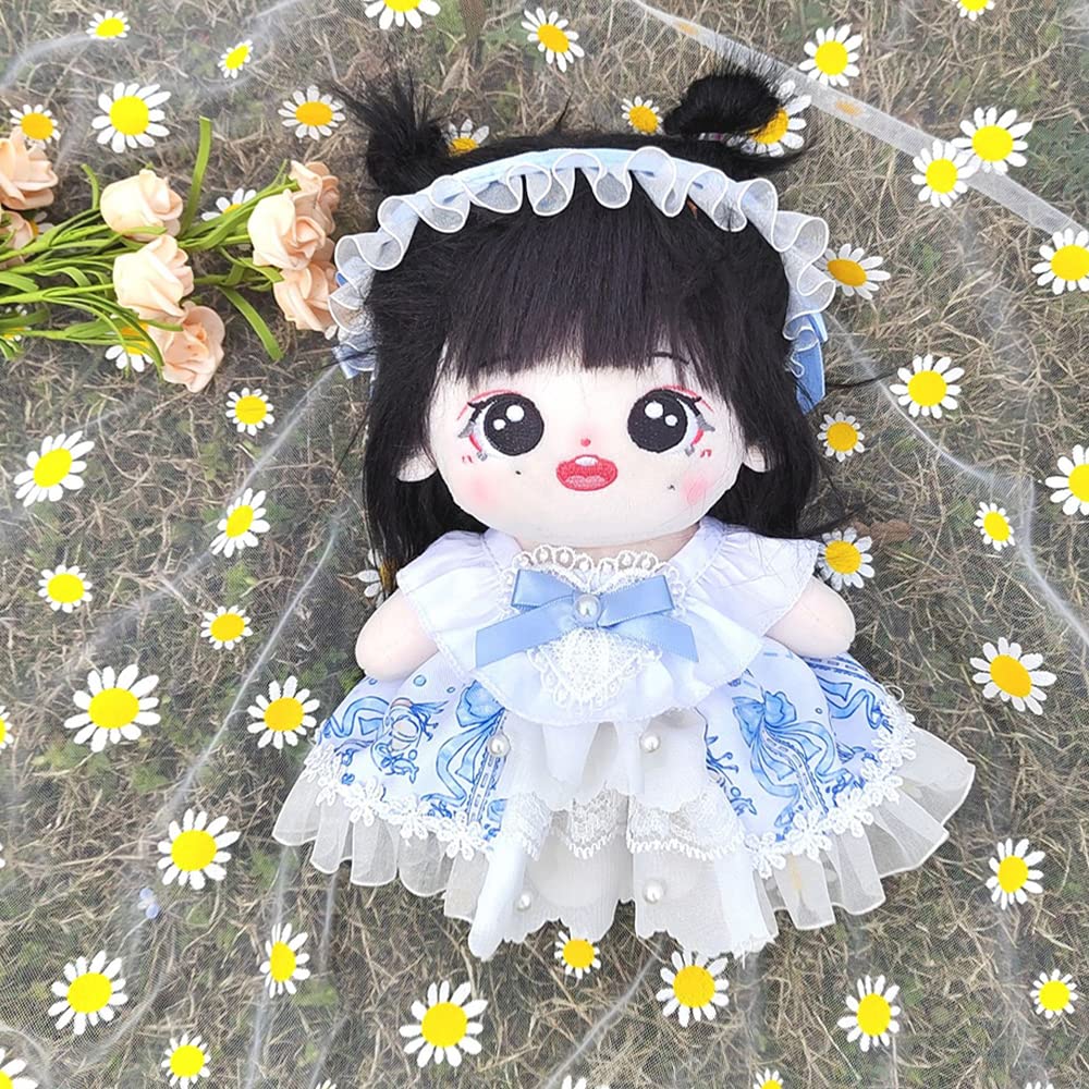 niannyyhouse 20cm Plush Clothes Blue Dress Headwear Cotton Doll One Piece Dress Up