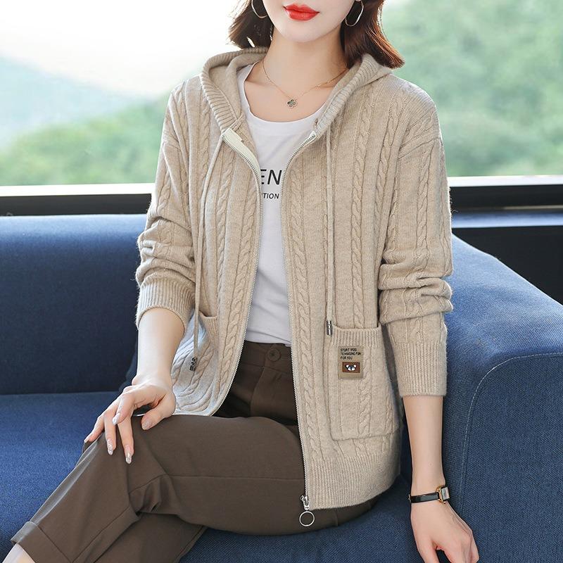 Twisted sweater jacket women's loose large size spring and autumn mother's hooded sweater with zipper on the outside knitted cardigan