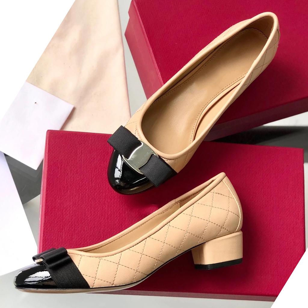 Fei'S Same Low-Heeled Bow Mary Jane Shoes Light Mouth Round Head Grid Color Matching Single Shoes Women'S Thick Heel