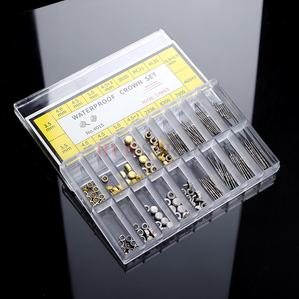 170 szt./pudełko Części Koronki Zegarka Zestawy Narzędzi do Naprawy z Pudełkiem Zamienne Etui Trzpień Koronki Różne Kopułowe Płaskie Główki Akcesoria Zegarkowe