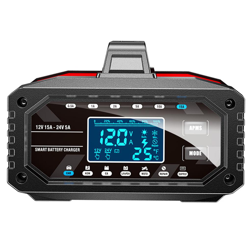 12V 24V Tragbarer Batterieerhalter, 15A Netzteil mit Auto AGM Ca LiFePO4 Moto Reparaturversorgungsmodi, LCD-Anzeige,