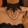 Vintage style dark red rose long fringed necklace goth black lace collarbone chain collar