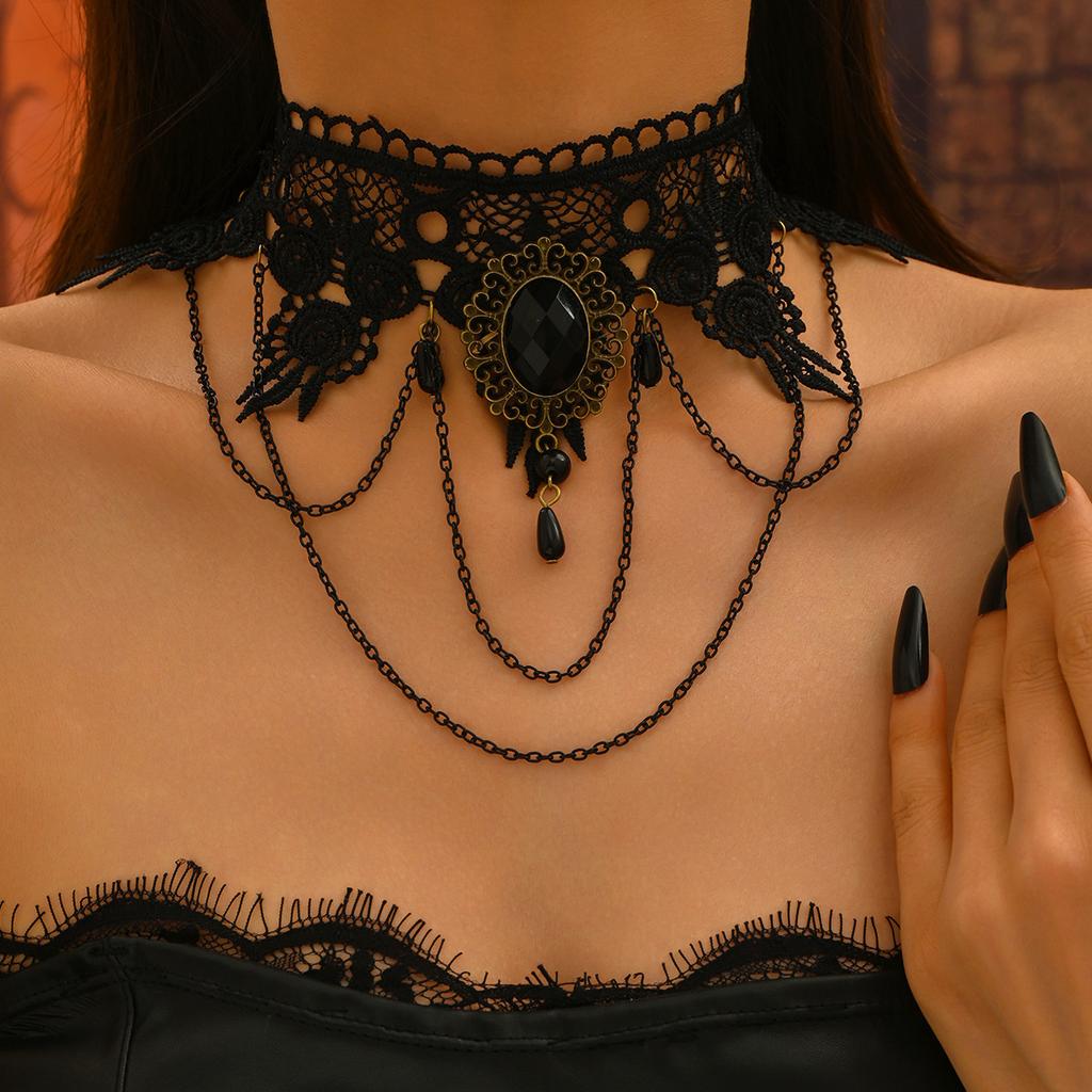 Vintage style dark red rose long fringed necklace goth black lace collarbone chain collar