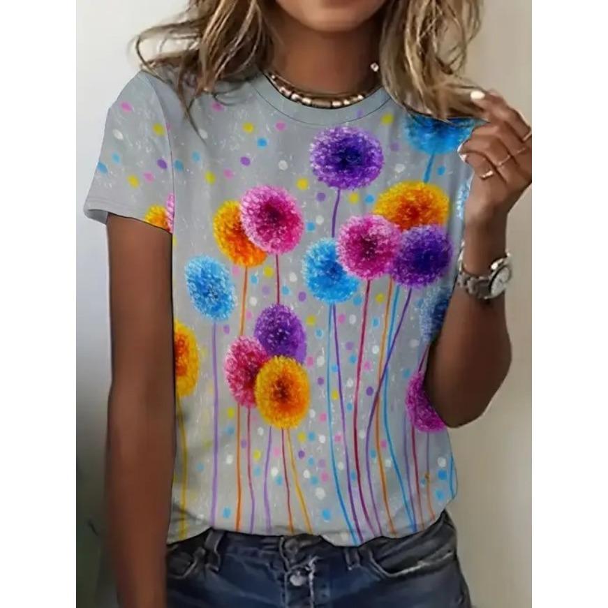 Fashionable Tees Minimalist 3D Print Pattern Women's T Shirt Round Neck Short Sleeved Top