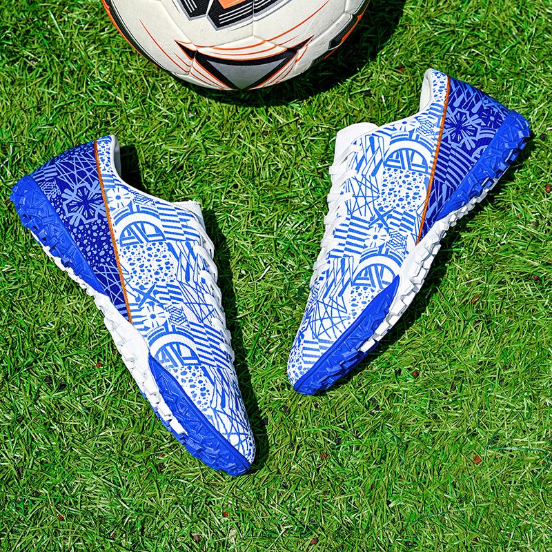 Botas de Fútbol Azul y Blanco para Hombre/Mujer Suela Blanda de Goma Clavo Corto Césped Artificial Zapatos de Fútbol Juvenil