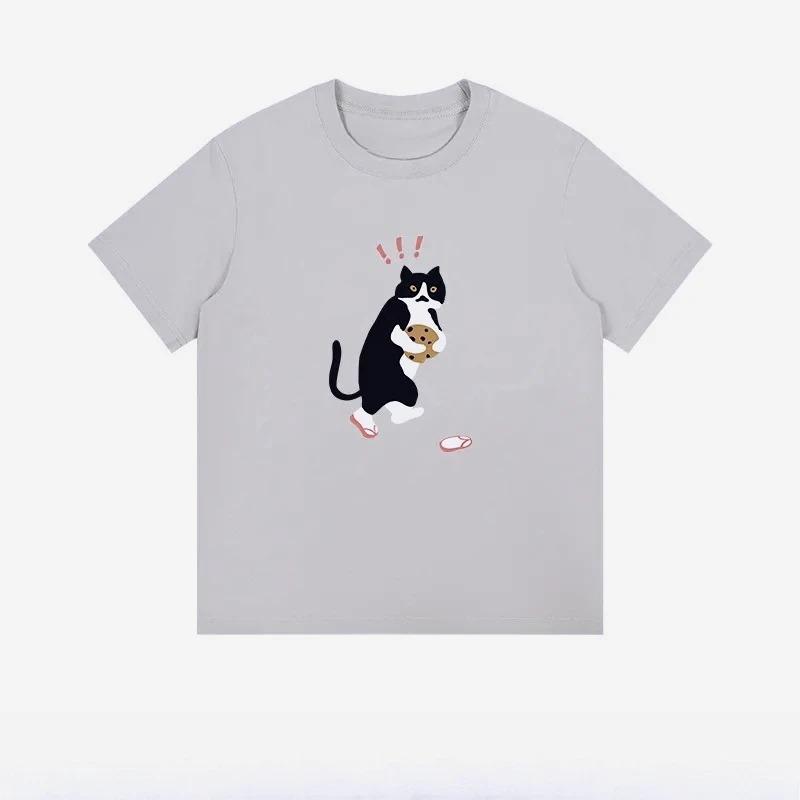 Summer Short Sleeve Fun Cat Couple Printed Half Sleeve Casual Loose Heavy TShirt Round Neck Casual Short Sleeves Plus Size Loose
