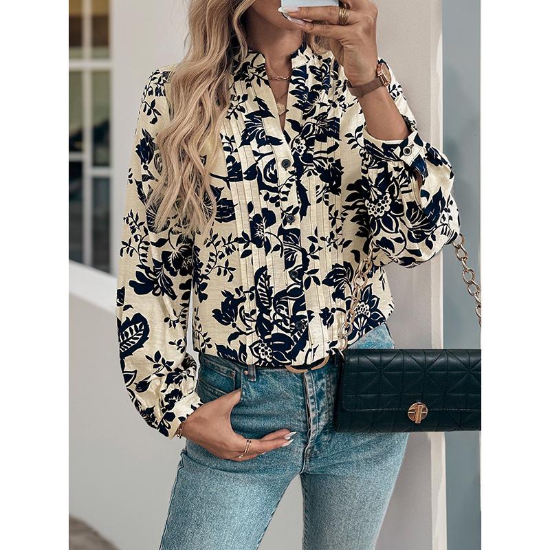 Spring And Autumn New Vintage Printed Shirt Small Stand Collar Elegant Shirt Women's Fashion Long Sleeve Button Office Blouse