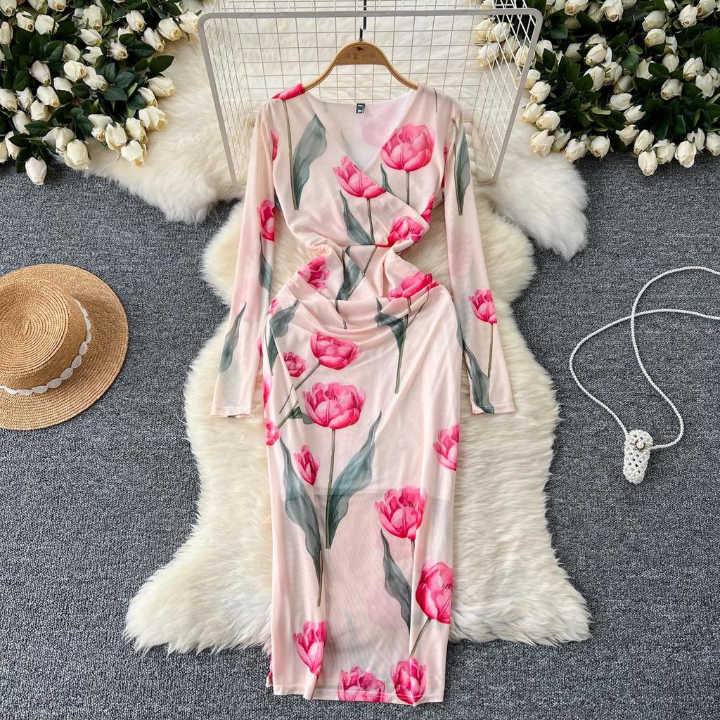 Neu Frühling Sommer Sexy Aushöhlen Mesh Langarm Kleid Frauen Elegante V-ausschnitt Floral Print Schlank Midi