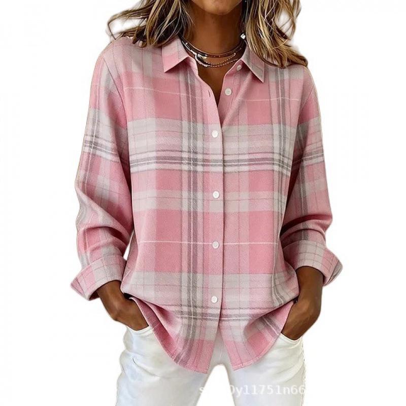 Women's Long-Sleeve Pink Floral Plaid Shirt - 3D Print Versatile Top