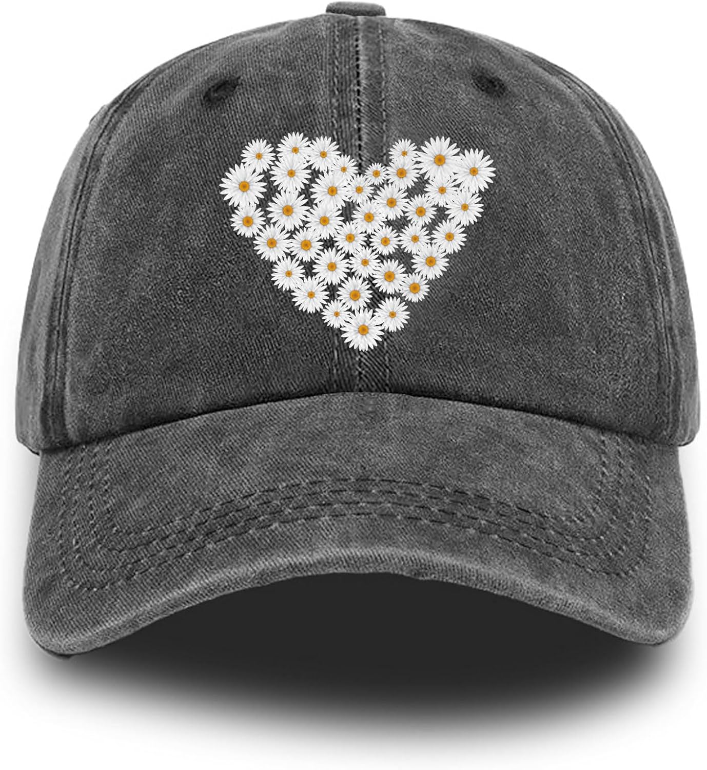 

Daisy Heart Print Baseball Cap Vintage Distressed Washed Adjustable Summer Sun Protection Casual Cap One Size