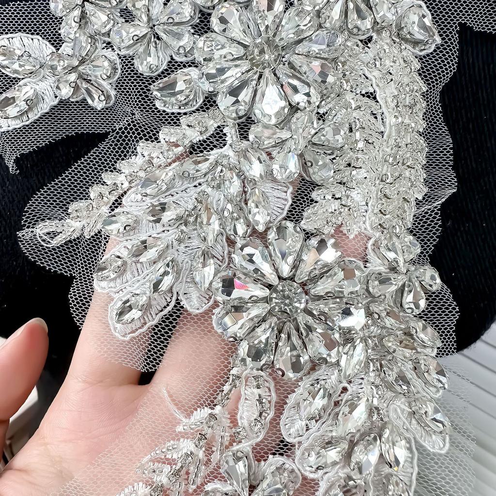 Mesh White Flower Hand-Sewn Beads With Diamond Cloth Stickers Diy Decorative Cheongsam Dress Clothing Accessories Ins