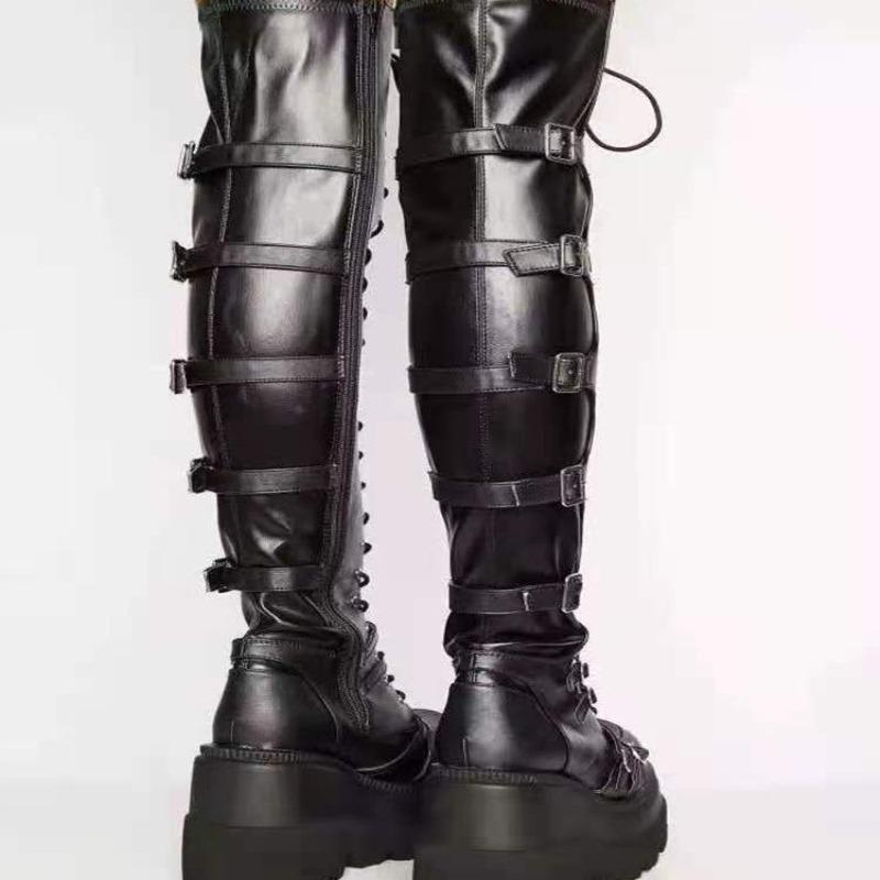 Europejskie i Amerykańskie 2024 Jesienne Damskie Casualowe Kozaki za Kolano na Wysokim Koturnie, Sznurowane, z Klamrą, Plus Size