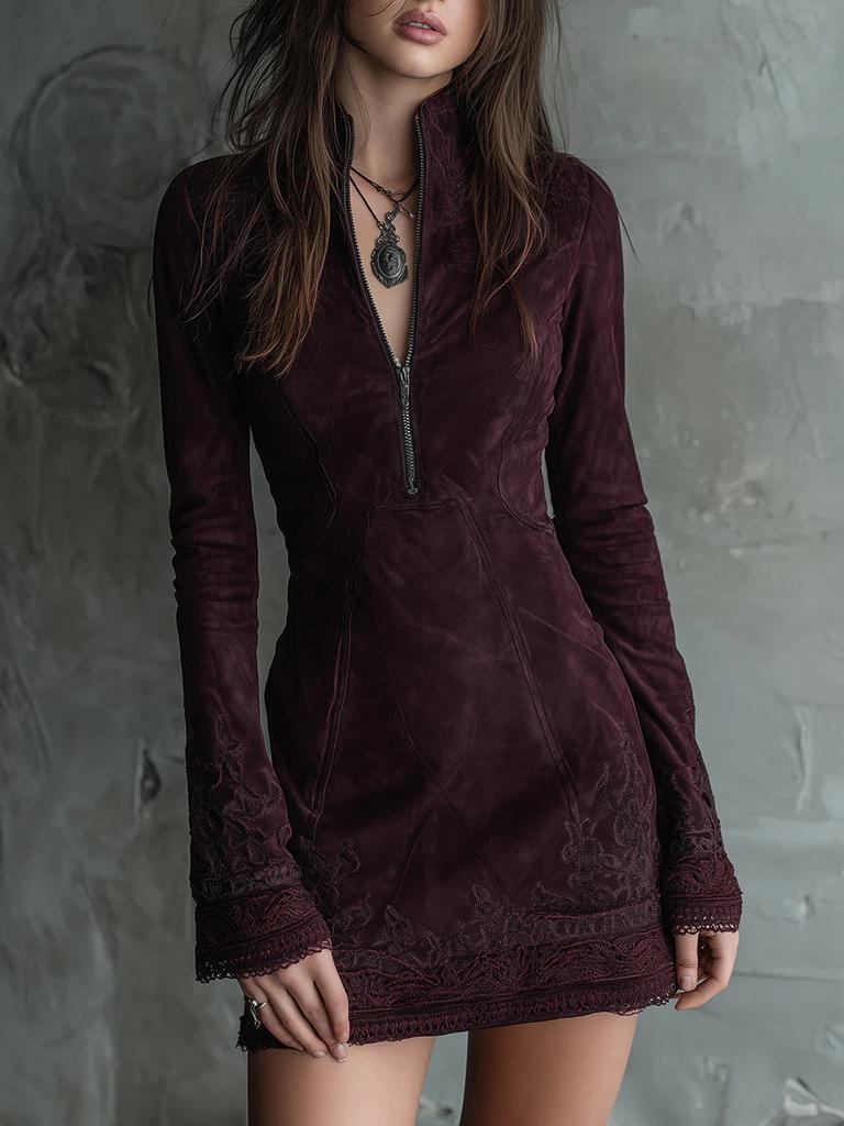 New Amazon Independent Station Semi-turtleneck Zipper Embroidery Plus Lace Lace Hip Skirt