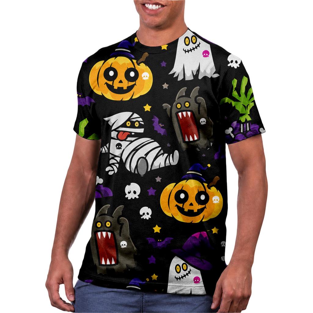 Halloween All Over Print T Shirt, Cute Pumpkin Graphic Tee for Women Men