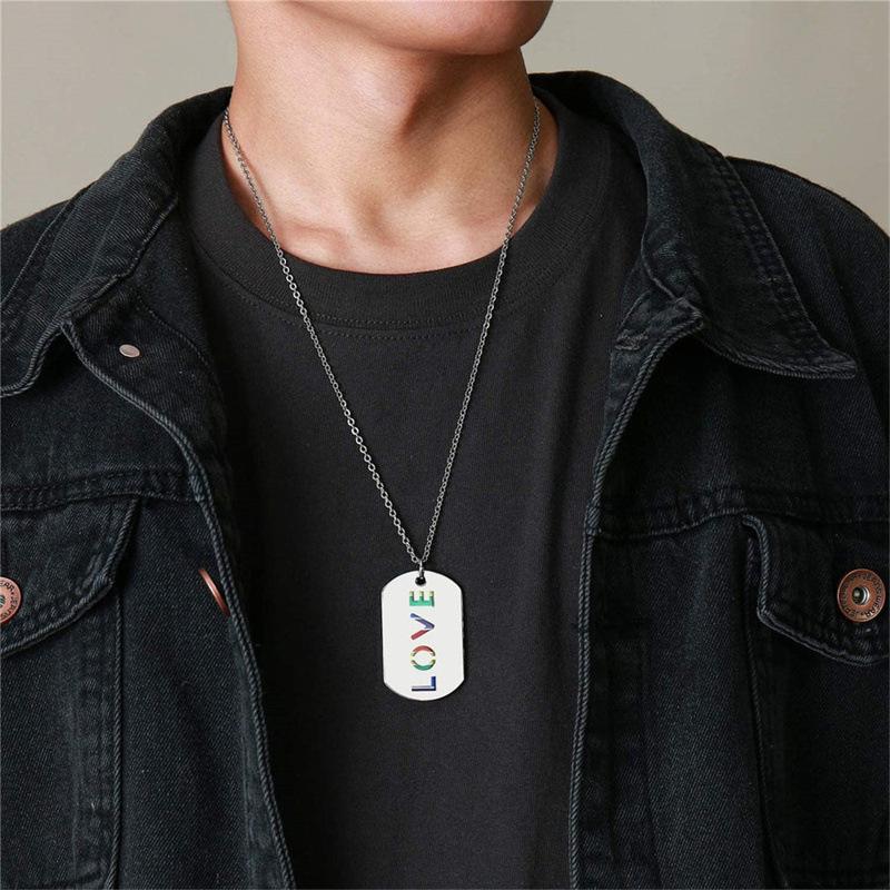 Stainless Steel LGBT Gay Lesbian Love Pride Necklaces Enamel Rainbow Flag Double Pendant Necklace