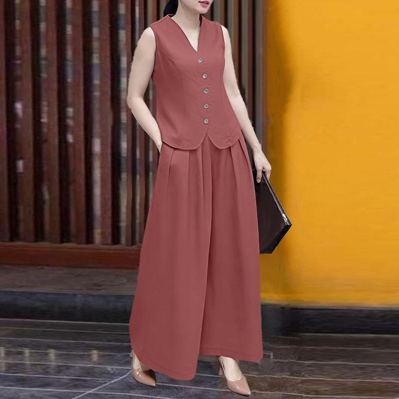 ZANZEA Ärmellose Weste, Oberteile und Hosen für Damen, zweiteiliges Sommer-Set