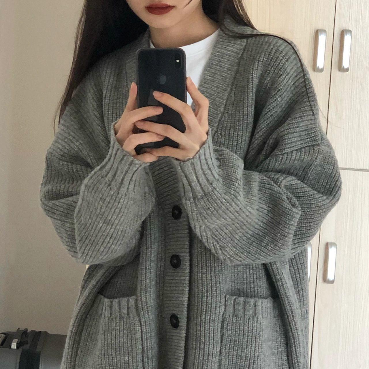 

Women s Gray Knitted Cardigan: Autumn/Winter Retro Japanese Style, Soft Milk Tea Tone S (80-95 lbs)