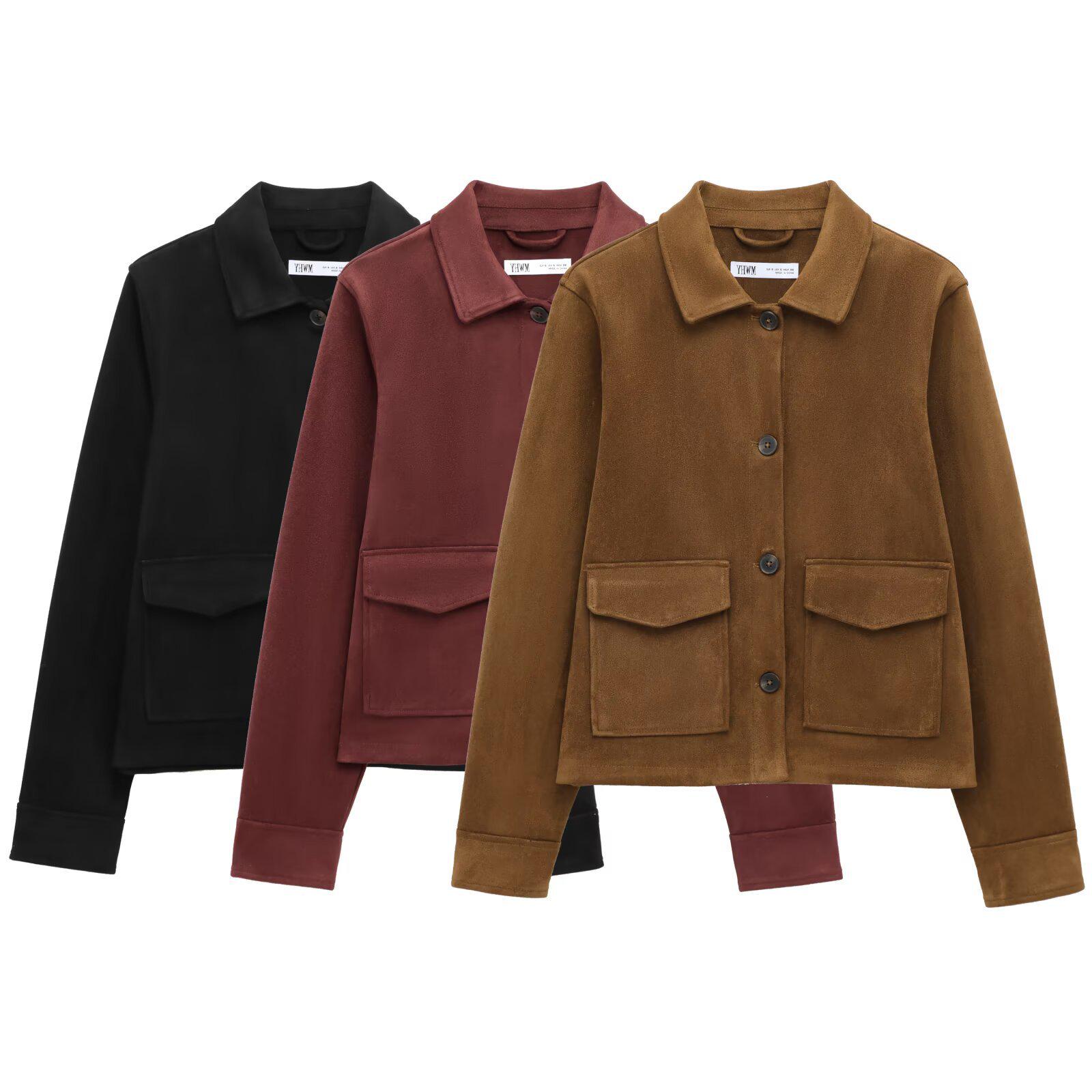 

2025 Early Spring Women s Suede-Effect Long Sleeve Jacket with Turn-Down Collar Medium чорний