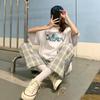 Womens High-Waisted Wide-Leg Plaid Trousers Lightweight Flowy Loose Fit Casual Pants 2026