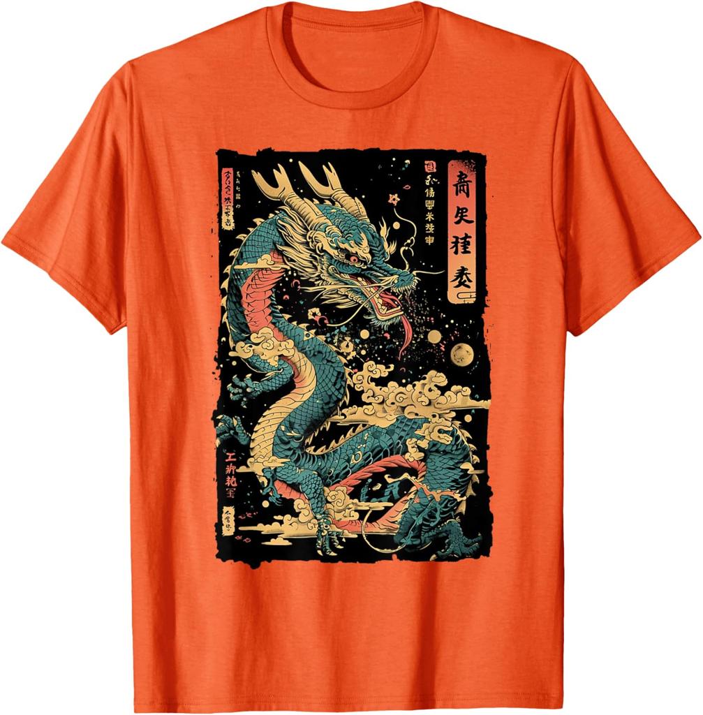 Japanese Dragon Graphic Tee Mens Casual Cotton Print Short Sleeve Crew Neck TShirt
