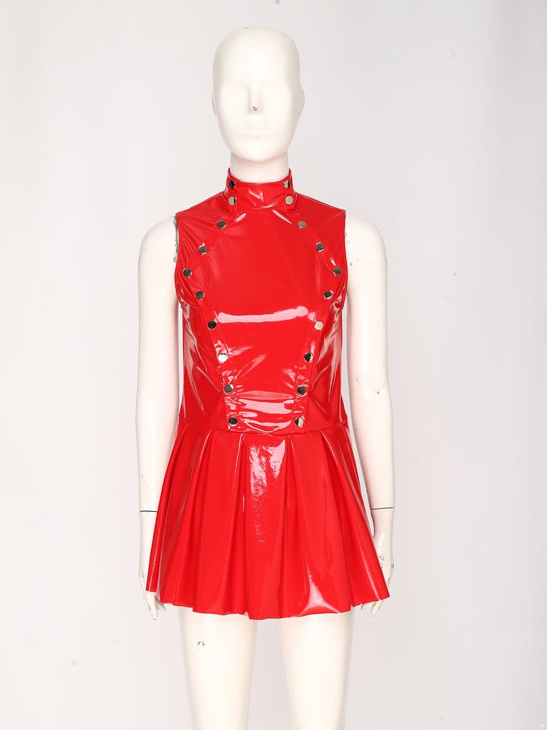 S-3XL Wet Look PU Sleeveless Dress Open Front Button Overlay Pleated Hem Glossy Vinyl for Rave Party Club Night