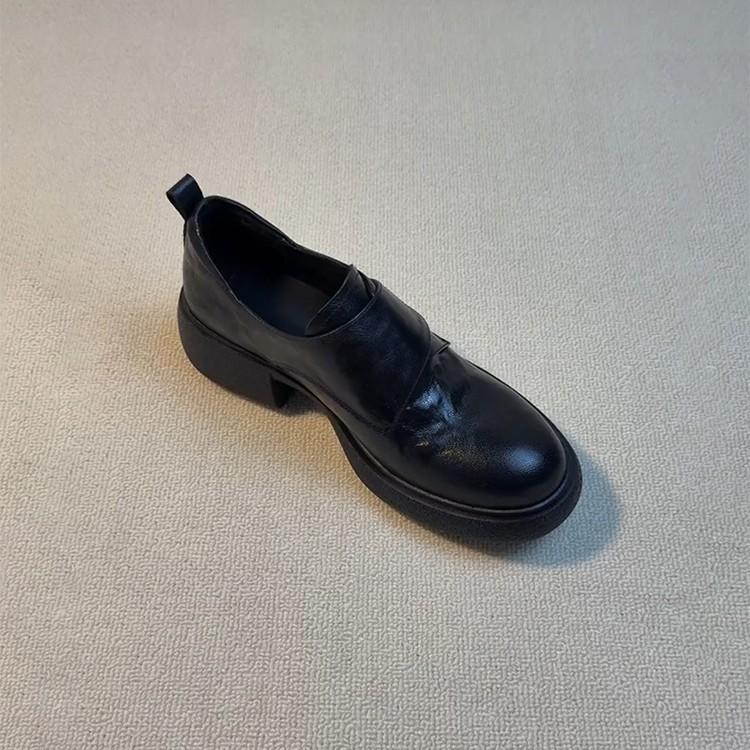 Sheepskin version~ platform loafers Velcro one-pedal small leather shoes commuting versatile leather thick heel single shoes children