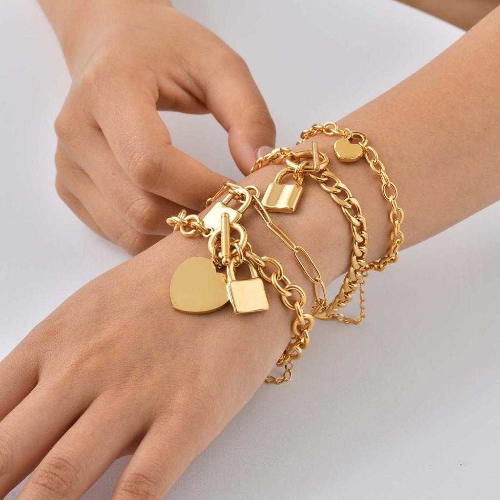 Exquisite Fashion Heart Lock Charm Bracelet, Gold Plated Stainless Steel OT Buckle Bracelet for Women, Waterproof Trendy Jewelry