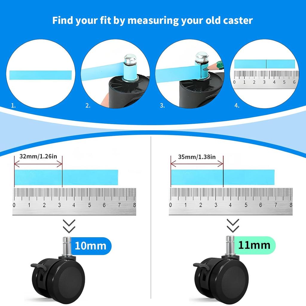 MySit Office Chair or Stool Caster Wheels with Brake 11x22mm Replacement Heavy Duty Easy tallation Universal Fit Mute PU Casters for Hardwood Floors