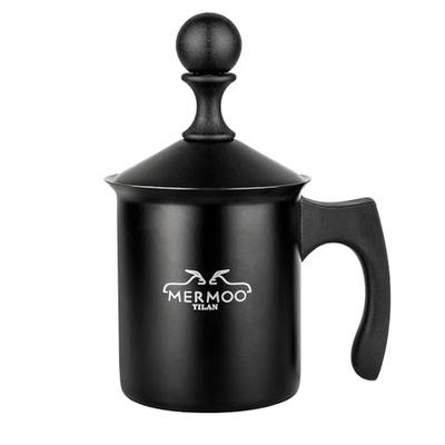 MERMOO YILAN Milk Frother, Stovetop Safe, Teflon Coated, 400ML, Milk Foamer for Espresso, Latte, Macchiato, Stainless Steel, Black, Portable Coffee Ma