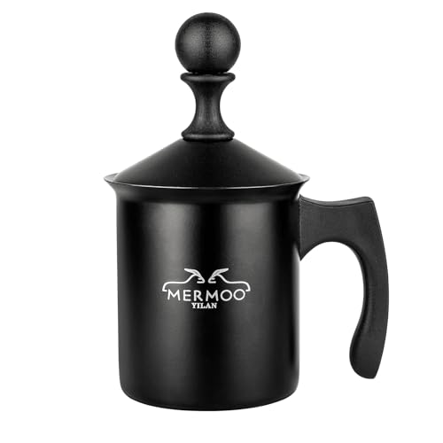 MERMOO YILAN Milk Frother, Stovetop Safe, Teflon Coated, 400ML, Milk Foamer for Espresso, Latte, Macchiato, Stainless Steel, Black, Portable Coffee Ma