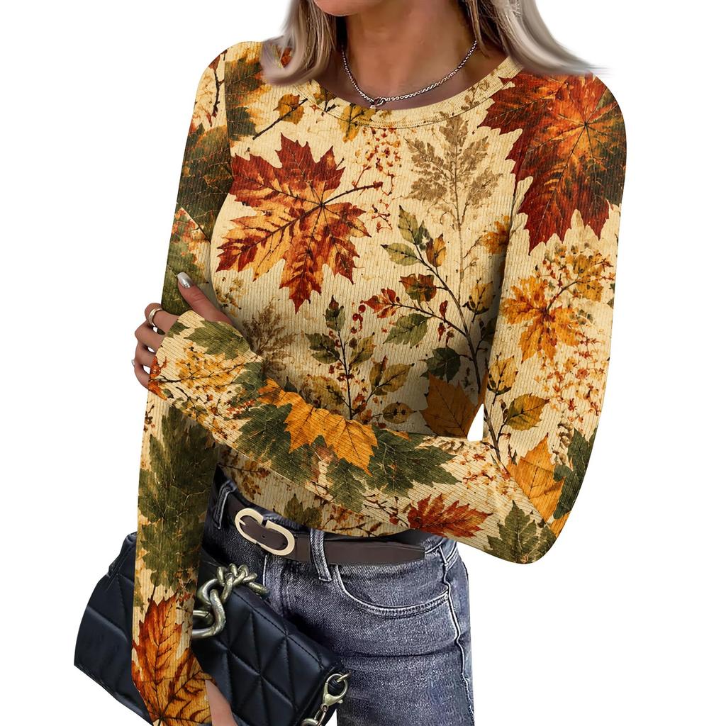 Women's Slim Fit Long Sleeve Neck T-Shirt with Leaf Print and Thumb Holes for Casual Everyday Wear