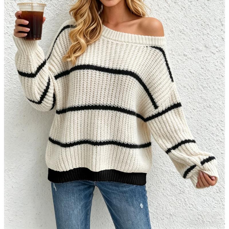 Women Casual Off Shoulder Knit Sweater Loose Fit Long Sleeve Pullover