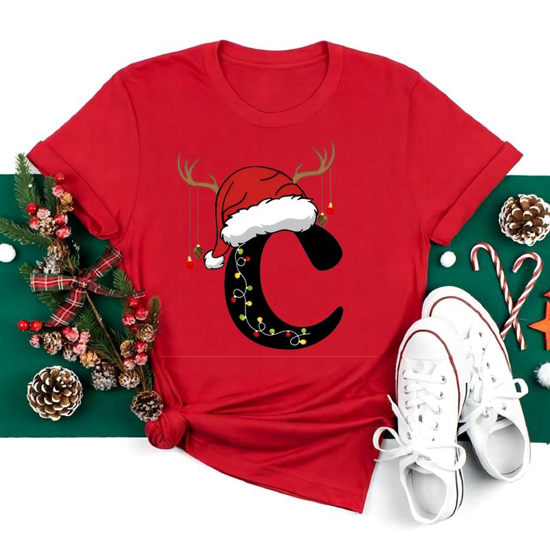 New 26 AZ Christmas Alphabet T Shirt Women Casual Fashion Tshirt Short Sleeve Christmas Party Aesthetics fashion Clothing