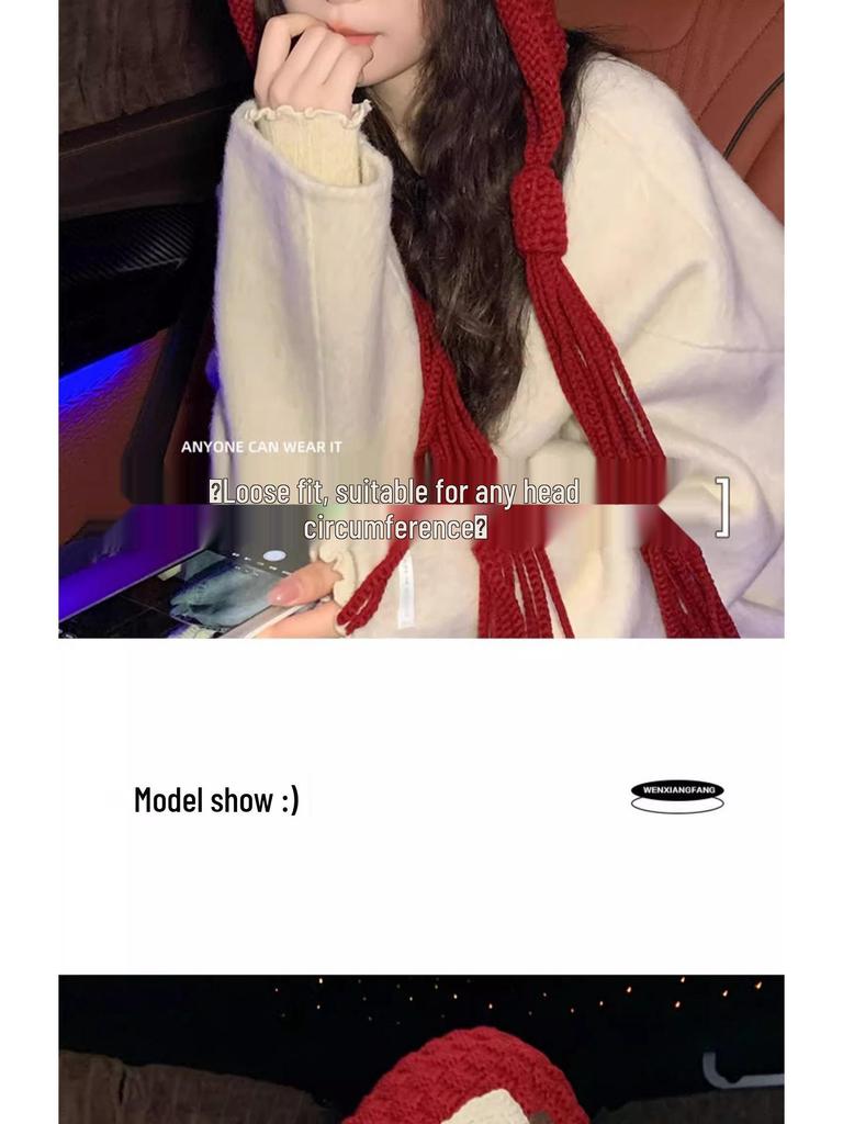 2025 Mode Roter Wollquastenhut: Damen Handgemacht Warm Zopfstrick für Herbst & Winter