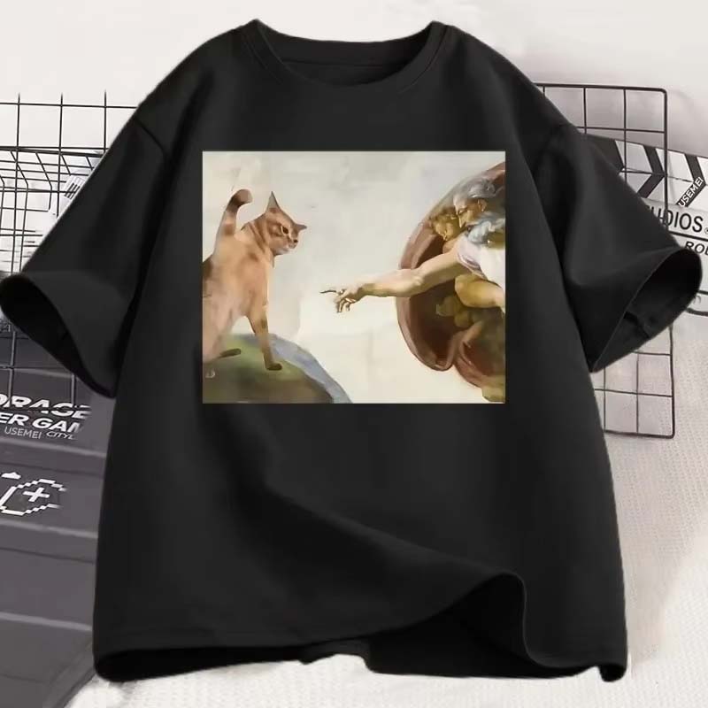 Funny Cat God Creation Of Adam Meme Tshirt Men Women Casuals Short Sleeve Jesus T Shirt Oneck Tshirt Vintage Tees Harajuku