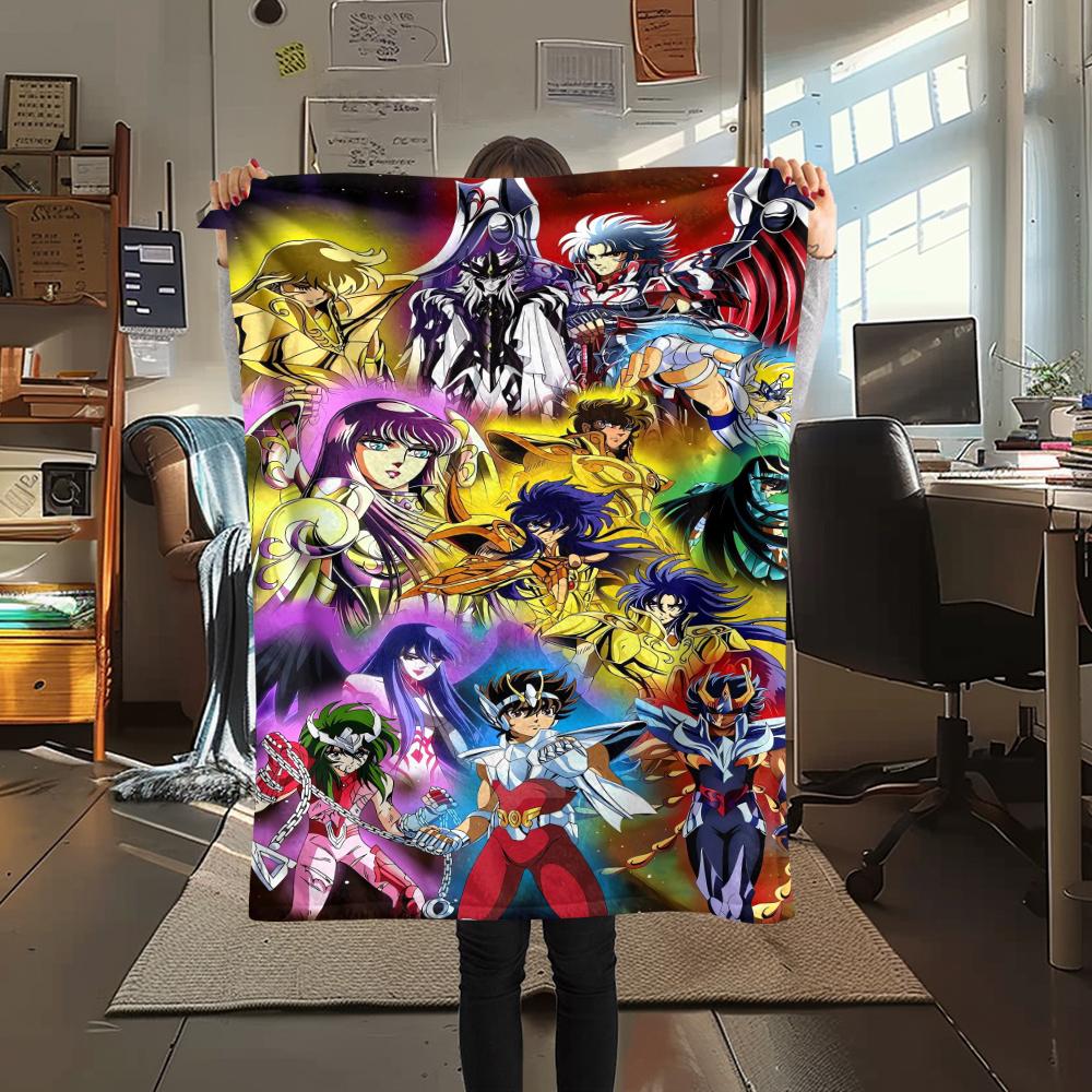 1Pc Saint Seiya Print Flannel Blanket, High quality Comfortable for All Seasons, Home Decor, Warmth and Comfort, Perfect for Christmas Gifts