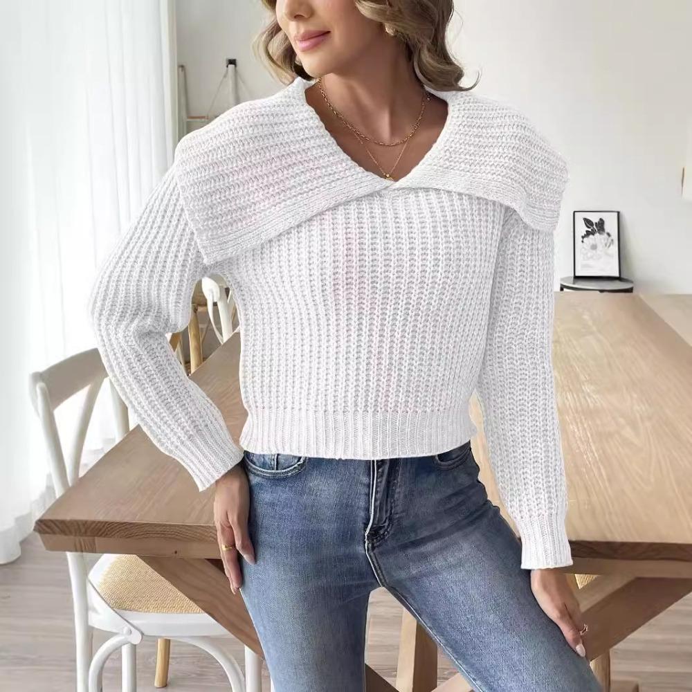 Women’s Cropped Top: New Autumn/Winter Knit Jumper with Large Lapel, Pull-Over Style