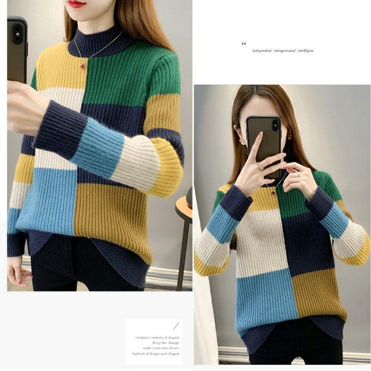 Fall Winter Women's Crew Neck Sweater Loose Contrast Knit Sweater Long Sleeve Pullover Knit Jumper Top