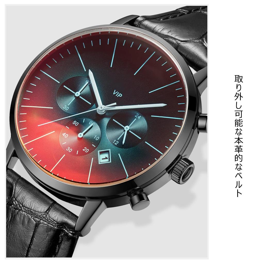 RORIOS Men's Watch, Genuine Leather Band, Colorful Big Face, Fashion Watch, Calendar, Multi-Hand Analog Quartz, Stylish, Cool, Sports Watch, Waterproo
